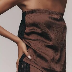 Anthropologie Brown Satin-Look Strapless Camisole with Black Lace Trim